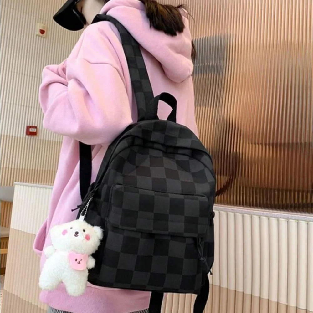 Waterproof,Lightweight Checkered Pattern Functional Backpack With Bag Charm